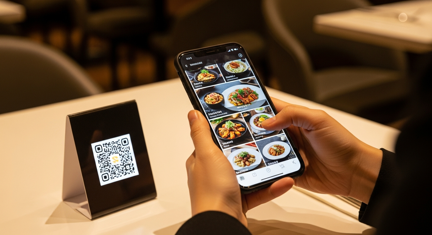 Customer scanning a QR code to view a digital restaurant menu on their smartphone