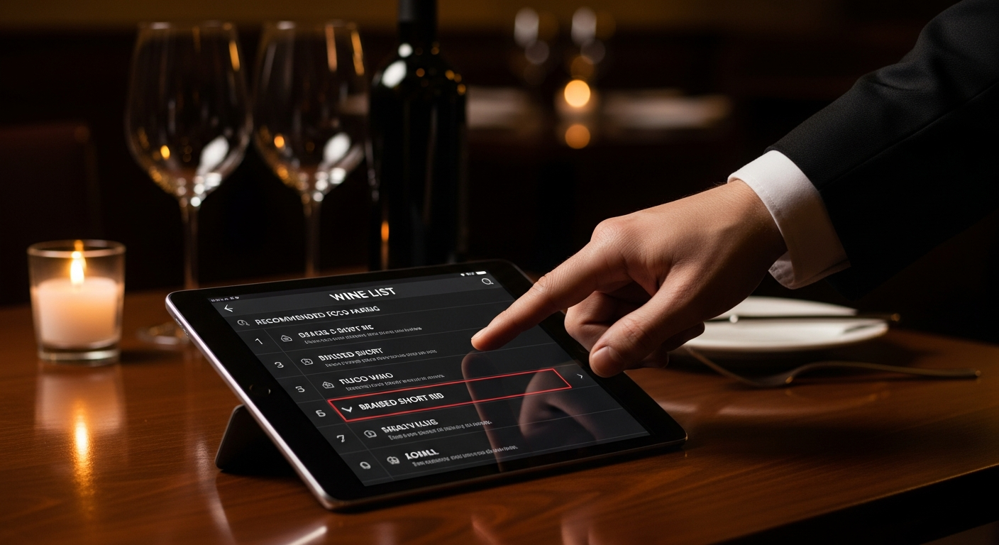 Digitale Weinkarte auf einem Tablet an einem Restauranttisch, mit Weinempfehlungen und Verkostungsnotizen