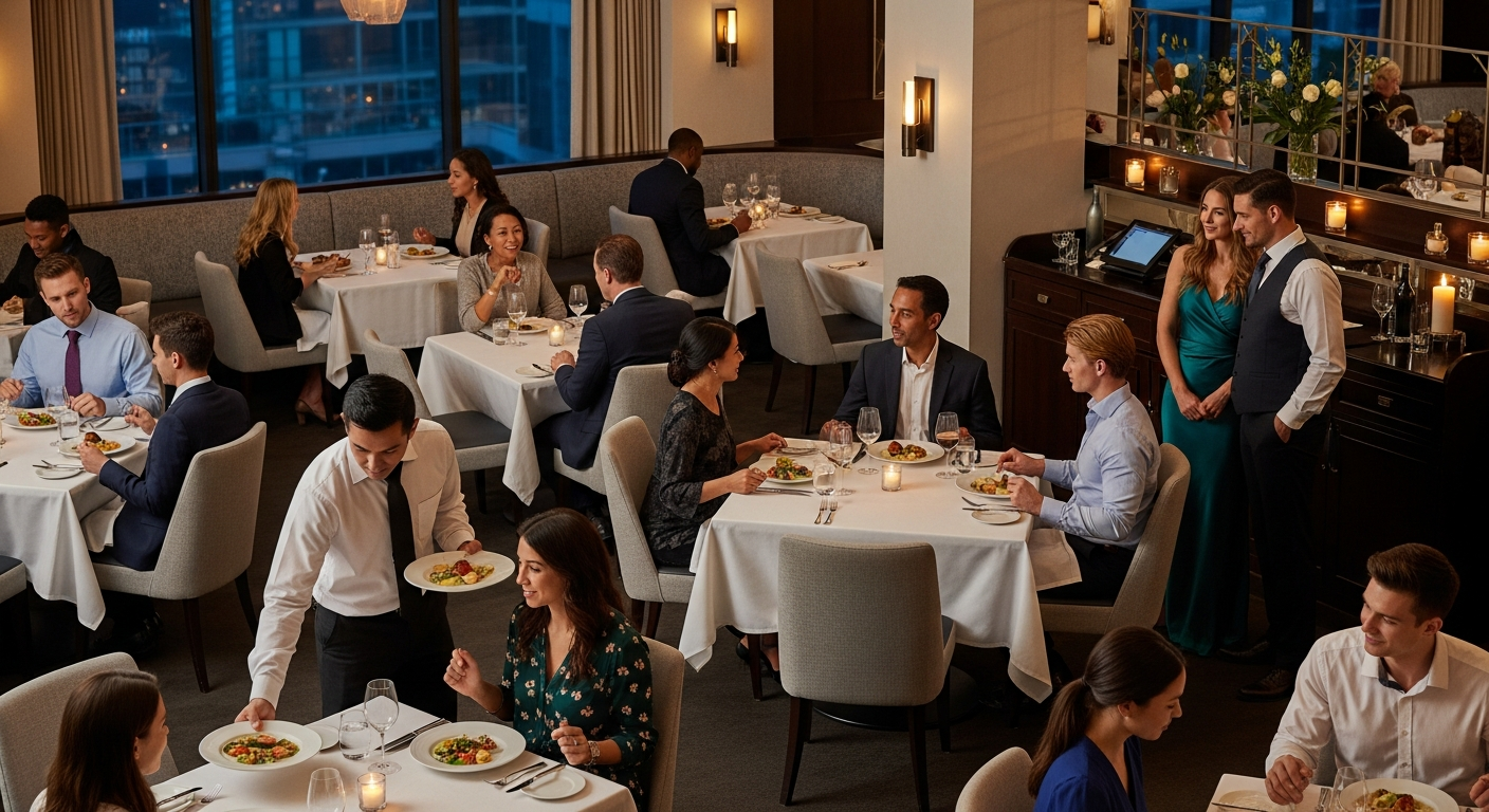 Sala da pranzo di un ristorante affollata con posti a sedere gestiti in modo efficiente durante le ore di punta