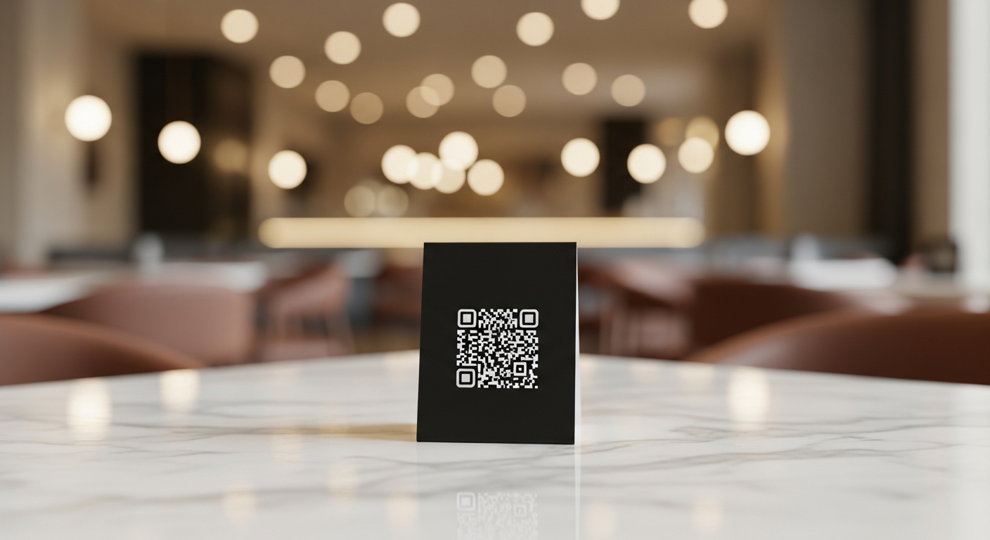 Código QR impreso en un soporte de mesa en un comedor de restaurante moderno