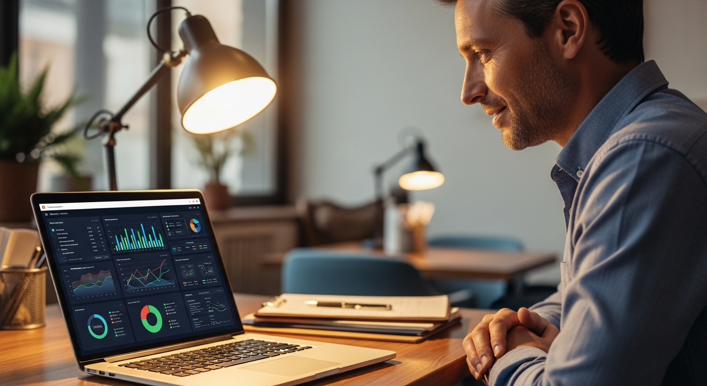 Restaurant manager reviewing menu analytics dashboard on a tablet showing item views and conversion metrics
