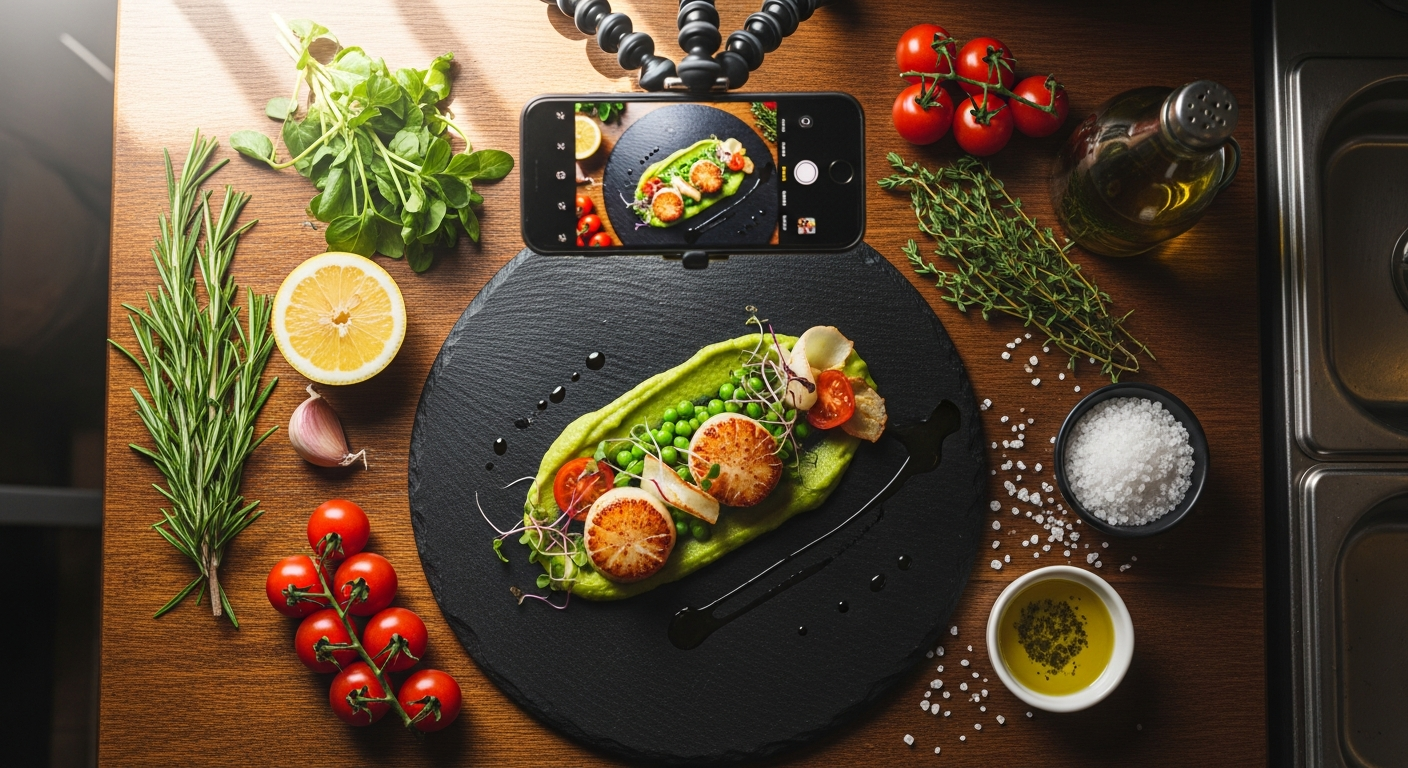 Overhead shot of a beautifully plated pasta dish being photographed for a restaurant digital menu