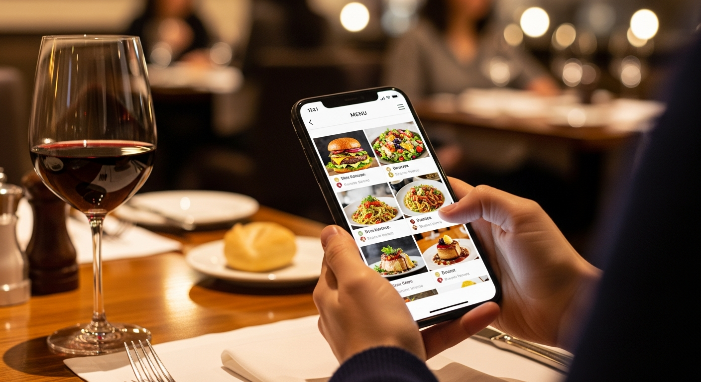 Smartphone displaying a digital restaurant menu with upsell prompts and suggested pairings