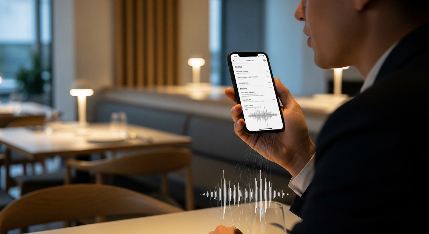 Client de restaurant utilisant la commande vocale sur un menu numérique affiché sur son smartphone