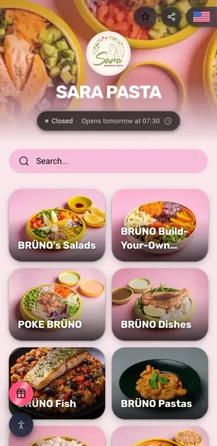 Sara Pasta menu in English